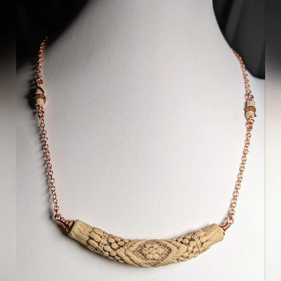 Vintage Embossed Ceramic Bar Necklace Artisan Crafted Jewelry Pure Copper Chain - Picture 2 of 16
